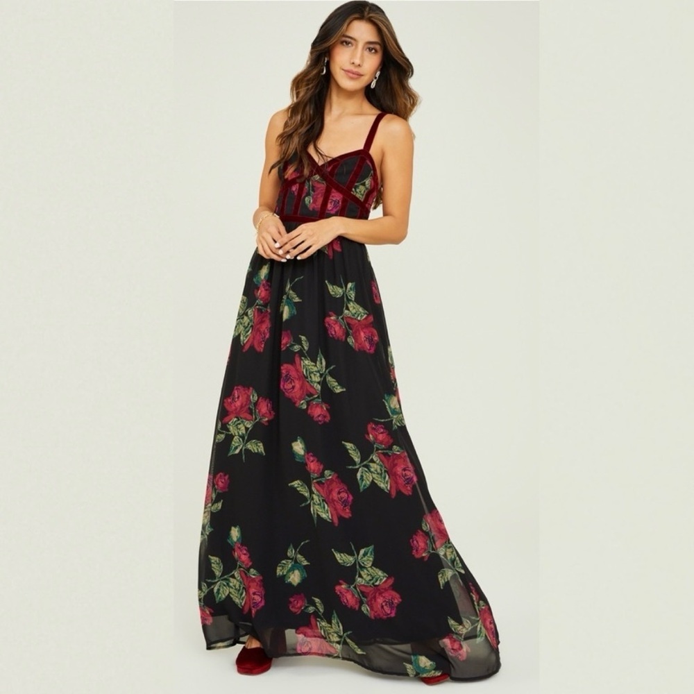Altar'd State Black Maxi Dress with Pink Floral Accents